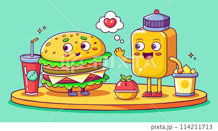 Cute anthropomorphic fast food characters illustration on vibrant background 114211713