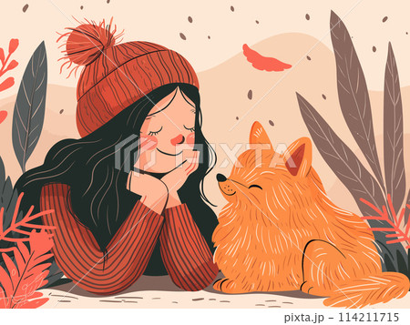 Happy girl enjoying a moment with a cute dog 114211715