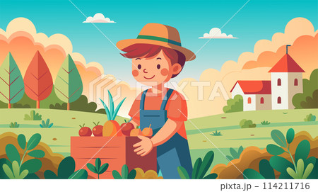 Cheerful cartoon farmer holding box of fresh fruits in countryside 114211716