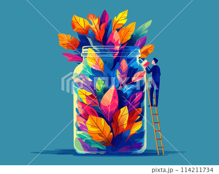 Artist painting vibrant autumn leaves in a giant jar 114211734