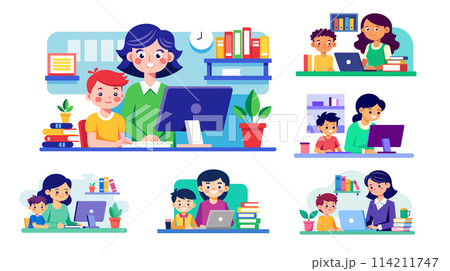 Colorful illustrations of remote learning and home office with parents and children 114211747