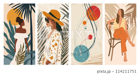 Stylish women and abstract art posters, vector illustrations set 114211751