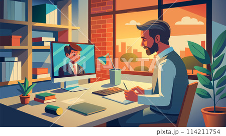 Professional man having video conference in modern home office Professional man having video conference in modern home office 114211754