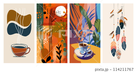 Set of four abstract and nature-inspired vector posters with warm tones 114211767