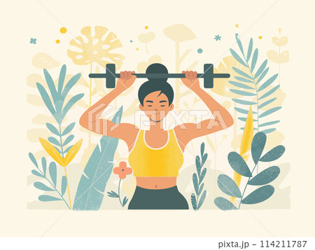 Woman lifting weights surrounded by plants Woman lifting weights surrounded by plants 114211787