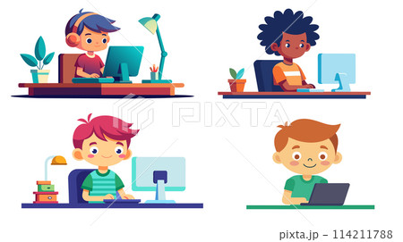 Set of four cartoon children engaging in online learning at home 114211788