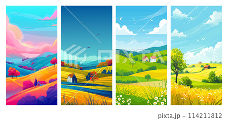 Colorful seasons landscape illustrations with houses and fields 114211812