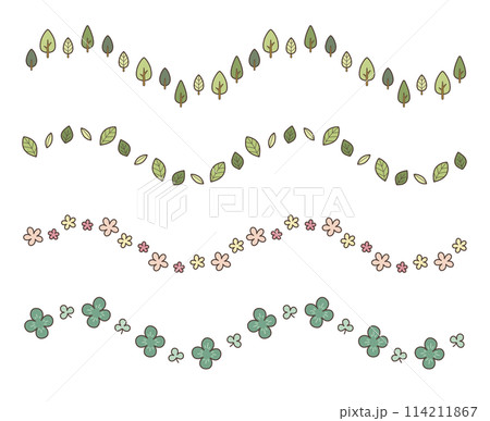 ポップな飾り罫(カラー):木・葉っぱ・花・クローバー ポップな飾り罫(カラー):木・葉っぱ・花・クローバー 114211867