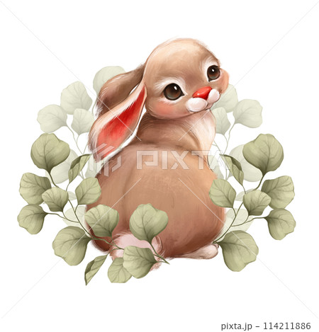 Bunny with green leaves, cute animal illustration. 114211886