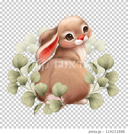 Bunny with green leaves, cute animal illustration. 114211886