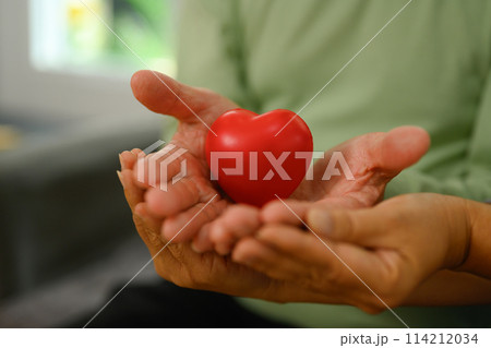 An elderly couple holding red heart symbol of love, health care, medical and charity concept 114212034