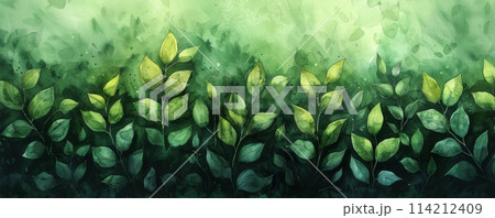 Banner with green leaves on blue watercolor backgr Banner with green leaves on blue watercolor backgr 114212409