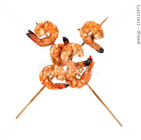 roasted peeled prawn with skewer isolated. grilled shrimp roasted peeled prawn with skewer isolated. grilled shrimp 114212471