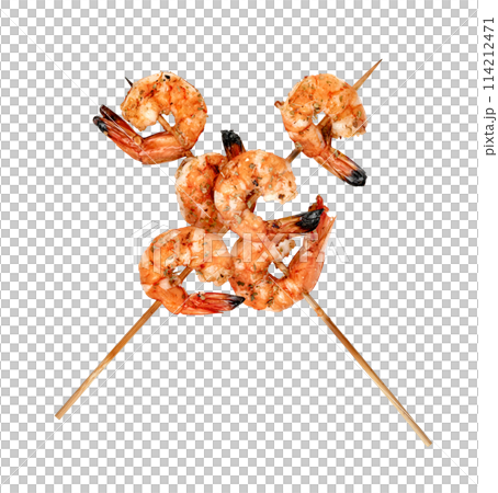 roasted peeled prawn with skewer isolated. grilled shrimp roasted peeled prawn with skewer isolated. grilled shrimp 114212471