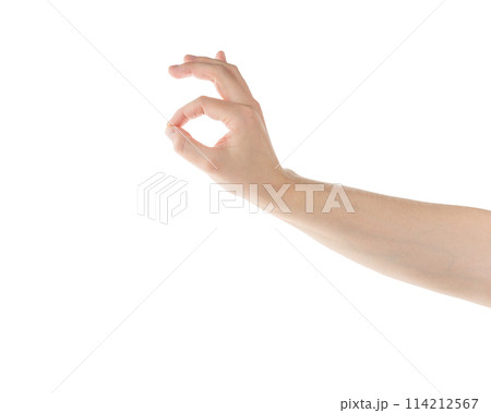 Adult man hand hold something with fingers isolated on white background 114212567