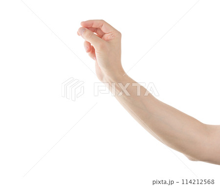 Adult man hand hold something with fingers isolated on white background Adult man hand hold something with fingers isolated on white background 114212568