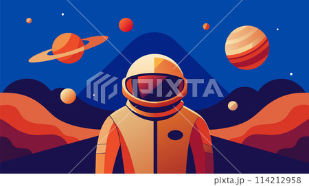 Astronaut on an alien planet vector illustration in vibrant colors 114212958