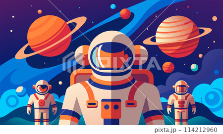 Colorful vector illustration of astronauts and planets in outer space 114212960