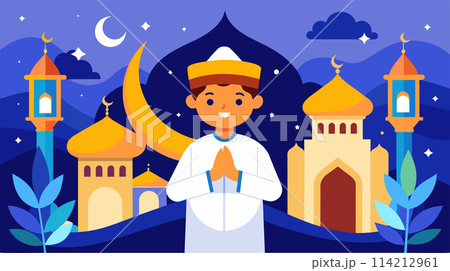 Peaceful Muslim boy celebrating Ramadan night 114212961