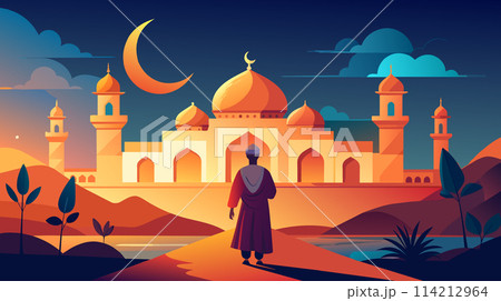 Man gazing at mosque during a peaceful sunset 114212964