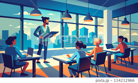 Modern office meeting with diverse team in a vector illustration 114212966