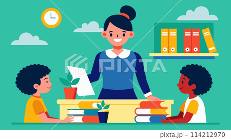 Friendly teacher with students in a colorful classroom vector illustration 114212970