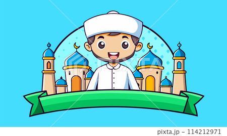 Happy Muslim boy with mosque illustration for Eid 114212971