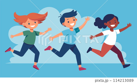 Joyful children running together, playful kids vector illustration Joyful children running together, playful kids vector illustration 114213089
