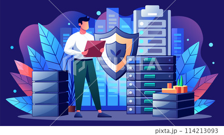 Digital security concept with male character and servers 114213093