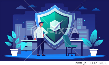Cybersecurity concept with shield and professional in office setting 114213099