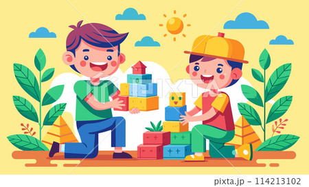 Two cartoon boys playing with colorful blocks outdoors on sunny day 114213102