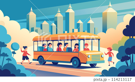 Colorful school bus with children in a cityscape vector illustration 114213117
