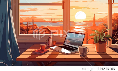 Laptop on wooden table, home office concept Laptop on wooden table, home office concept 114213163