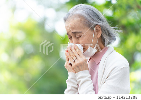 鼻をかむシニア女性 アレルギー 花粉症 鼻をかむシニア女性 アレルギー 花粉症 114213288