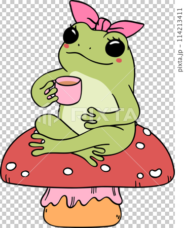 Retro groovy frog with coffee on mushroom cartoon doodle Retro groovy frog with coffee on mushroom cartoon doodle 114213411