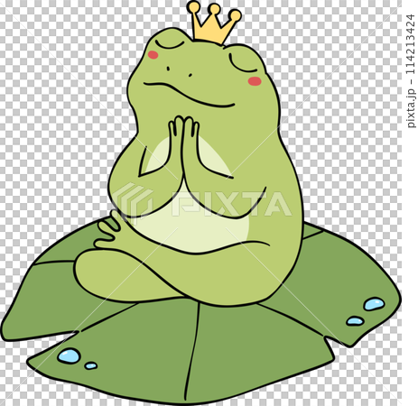 Retro groovy frog meditation yoga on lotus leaf cartoon doodle 114213424