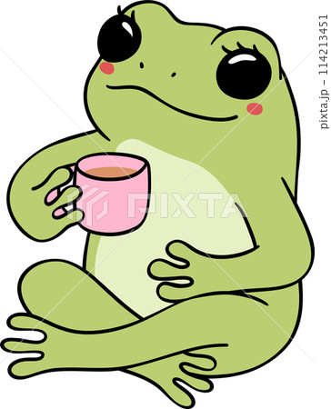 Retro Frog with coffee Self Love  Doodle Groovy Cartoon Character 114213451