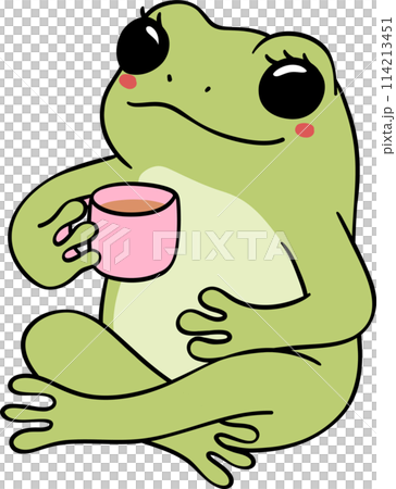 Retro Frog with coffee Self Love  Doodle Groovy Cartoon Character 114213451
