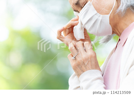 目が痒い女性 アレルギー 花粉 マスク 目が痒い女性 アレルギー 花粉 マスク 114213509