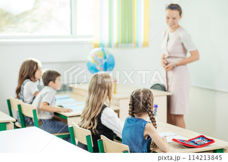 female teacher teaching group of teenagers in high school lesson female teacher teaching group of teenagers in high school lesson 114213845