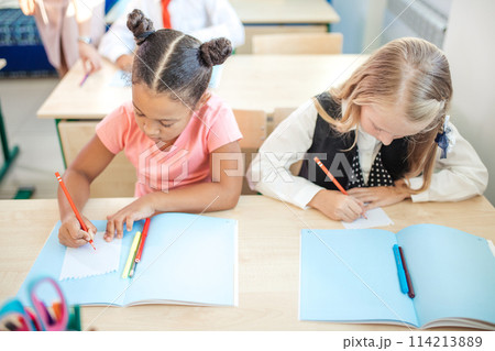 school children are participating actively in class. Education, homework concept 114213889