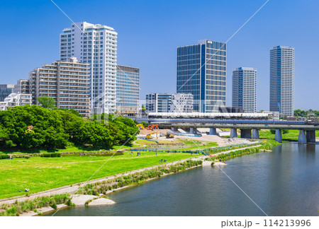 東京　二子玉川の高層ビルと多摩川　春景 114213996