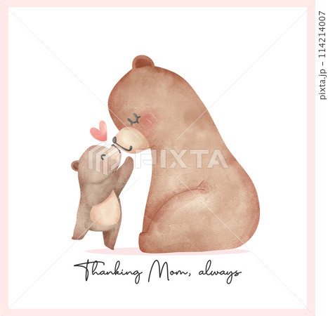 Heartwarming Mothers Day Bear Mom and Baby Cub showing love hand Adorable watercolor illustration. Heartwarming Mothers Day Bear Mom and Baby Cub showing love hand Adorable watercolor illustration. 114214007
