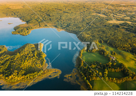 Braslaw District, Vitebsk Voblast, Belarus. Aerial View Of Lakes, Green Forest Landscape. Top View Of Beautiful European Nature From High Attitude. Bird's Eye View. Famous Lakes 114214228