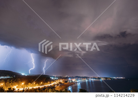 Night View On Hotels Mediterranean Coast Of Antalya And Alanya. Travel To Turkey. Popular Touristic Coastline. Turkish Riviera Or Turquoise Coast. Favorable Climate, Warm Sea, Mountainous 114214229