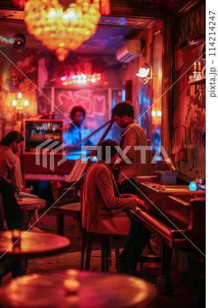 A man is playing the piano in a dimly lit room 114214247