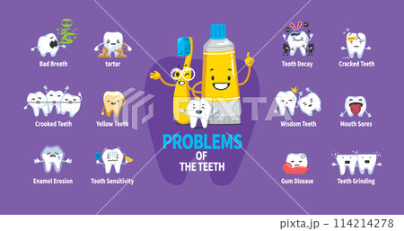 Major problems with teeth. Major dental problems expressed with toothpaste, toothbrush, and tooth characters. Major problems with teeth. Major dental problems expressed with toothpaste, toothbrush, and tooth characters. 114214278