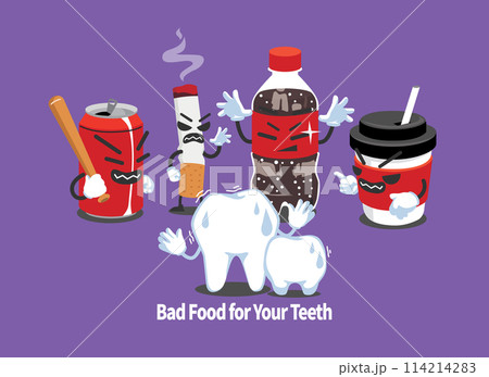 A cute character depicts the harm caused to teeth by foods harmful to teeth. A cute character depicts the harm caused to teeth by foods harmful to teeth. 114214283