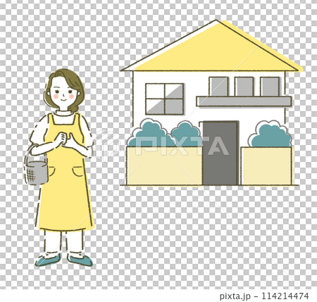 Visiting helper with a shopping cart and house People and building illustration set Visiting helper with a shopping cart and house People and building illustration set 114214474