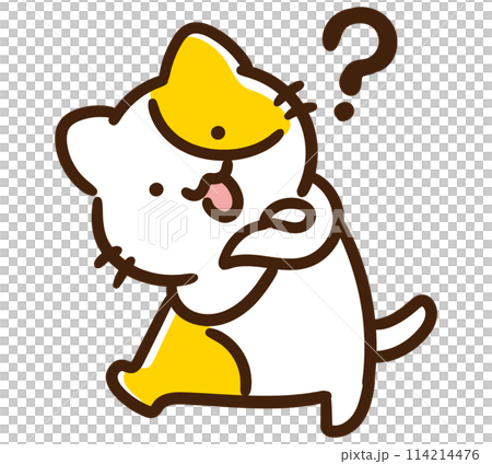 ？マークを浮かべるねこのキャラクターのデフォルメイラスト 114214476